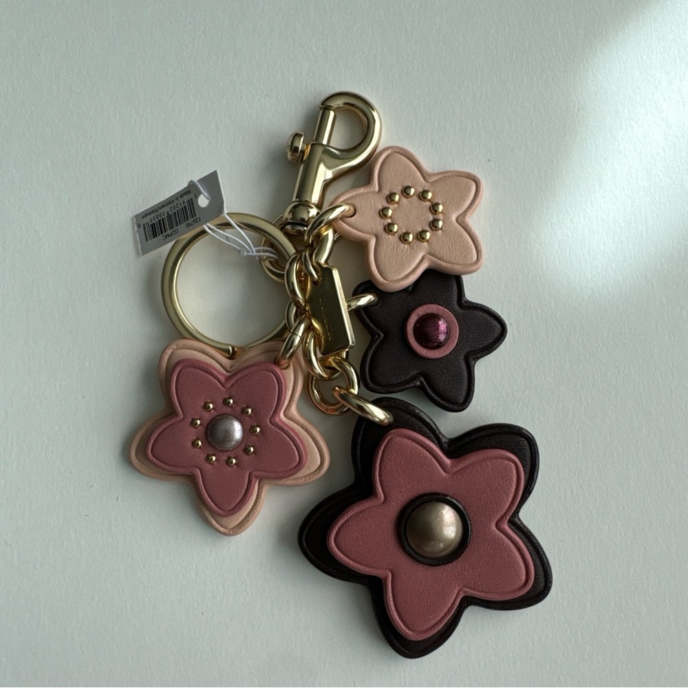 Coach Pink and Maroon Floral Key ring bag charm tea rose